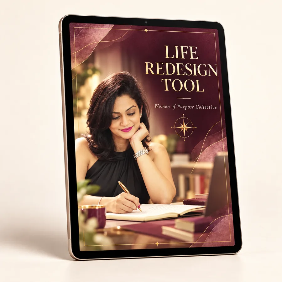 The Life Redesign Tool shown on a tablet screen, with a plum and gold cover