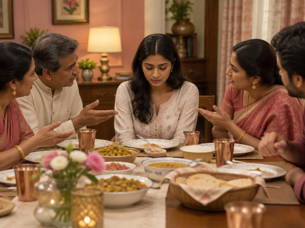 A woman sitting quietly at a family dinner while relatives talk over her about her future